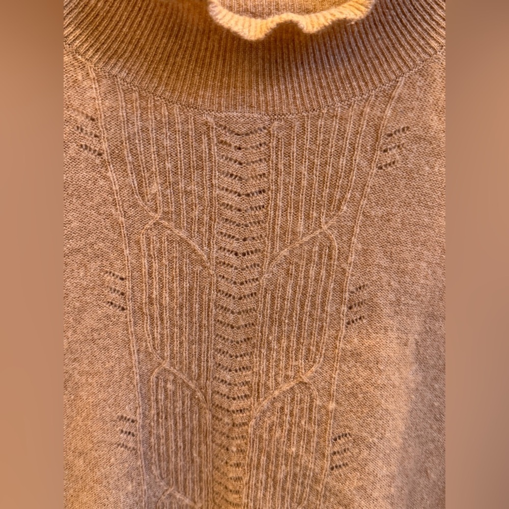 Small Anthropologie cashmere ruffle sweater mock neck cable knit honey tan - Picture 7 of 16